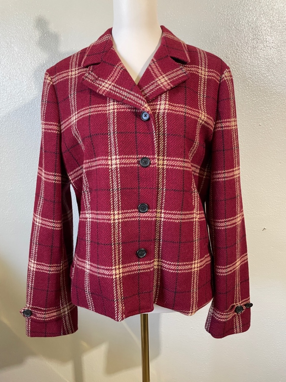 Lauren RL Plaid Blazer 10 Red Pure Wool Button Lined Classic Jacket Tailored Zip